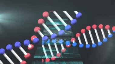 Veri işleme ile DNA iplikçiklerinin ve ekranların animasyonu. küresel bilim, dijital arayüz, teknoloji ve ağ konsepti dijital olarak oluşturulmuş video.