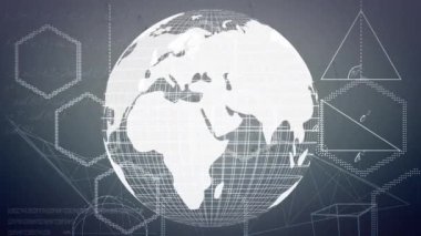 Geometrik şekiller üzerinde dünyanın animasyonu, bağlantı ağı. küresel dijital arayüz, teknoloji ve ağ konsepti dijital olarak oluşturulmuş video.