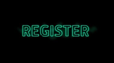 Animation of register neon text over black background. global social media, digital interface, technology and networking concept digitally generated video.