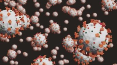 Animation of moving macro covid 19 virus cells moving on black background. global healthcare emergency during coronavirus covid 19 pandemic concept, digitally generated video.