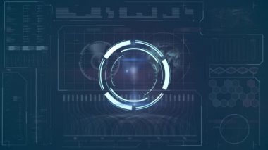 Mavi zemin üzerinde veri işleme ile dijital arayüz üzerinde yuvarlak tarayıcı. dijital arayüz ve teknoloji kavramı