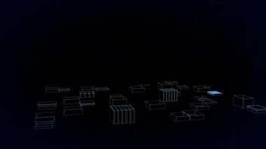 Siyah arka plandaki bağlantı ağlarının etrafında dönen 3D şehir manzarasının animasyonu. küresel iş, dijital arayüz, teknoloji ve ağ konsepti dijital olarak oluşturulmuş video.