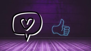 Kalp ve baş parmak ile konuşma balonunun animasyonu. küresel sosyal medya ve bağlantılar konsepti dijital olarak oluşturulmuş video.