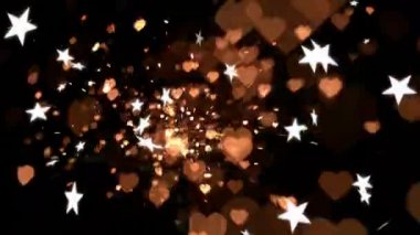 Siyah arka planda turuncu kalplerle düşen beyaz yıldızların animasyonu. Sevgililer Günü, aşk ve romantizm konsepti dijital olarak oluşturulmuş video.
