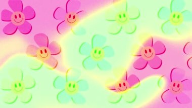Animation of text sale in red banner, over smiley face flowers on pink and green background. retail trade sale communication concept, digitally generated video.