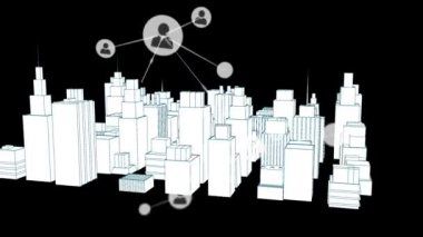 Siyah arkaplan üzerine çizim yapan 3d üzerindeki simgelerle bağlantı ağının animasyonu. küresel dijital arayüz, teknoloji ve ağ konsepti dijital olarak oluşturulmuş video.