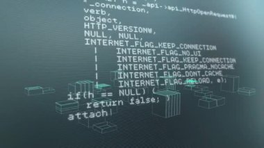 3D şehir manzarası üzerinde dijital veri işleme animasyonu. küresel teknoloji, bağlantılar ve dijital arayüz konsepti dijital olarak oluşturulmuş video.