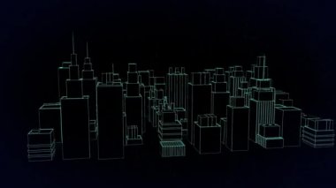 Siyah arka plandaki bağlantı ağlarının etrafında dönen 3D şehir manzarasının animasyonu. küresel iş, dijital arayüz, teknoloji ve ağ konsepti dijital olarak oluşturulmuş video.