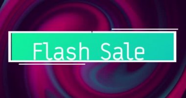 Yeşil pankartta satılan mesajların animasyonu, dönen koyu pembe ve mavi arka planda. Perakende ticaret iletişimi konsepti, dijital olarak oluşturulmuş video.