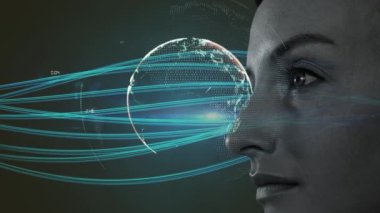 Kadın yüzü üzerinde bağlantı ağı olan bir dünya animasyonu. küresel dijital arayüz, teknoloji ve ağ konsepti dijital olarak oluşturulmuş video.