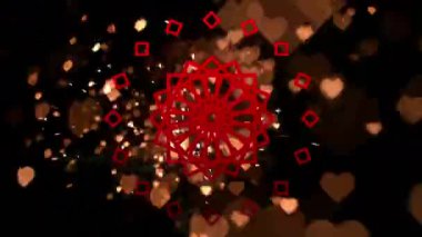 Altın kalpli kırmızı kaleydoskop şekilleri ve siyah arka planda parlayan parıltıların animasyonu. Sevgililer Günü, aşk ve romantizm konsepti dijital olarak oluşturulmuş video.