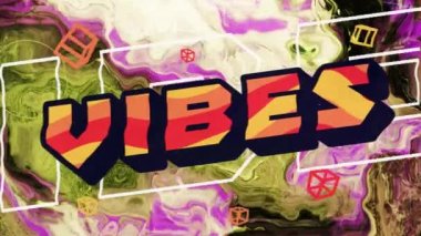 Pembe ve yeşil arka planda dönen turuncu ve siyah metin titreşimlerinin animasyonu. pozitif duygular, kutlama ve refah konsepti, dijital olarak oluşturulmuş video.