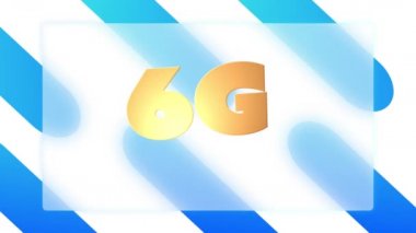 Çapraz mavi ve beyaz çizgiler üzerinde yüzen mavi daireli 6G altın metin animasyonu. iletişim teknolojisi dijital arayüz kavramı, dijital olarak oluşturulmuş video.