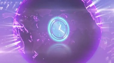 Mor arka planda dünyanın üzerinde ilerleyen saatin animasyonu. küresel dijital arayüz, teknoloji ve ağ konsepti dijital olarak oluşturulmuş video.