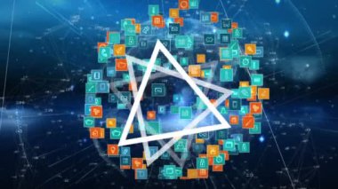 Küre ve üçgenin animasyonu, bağlantıları olan simgeler. küresel dijital arayüz, teknoloji ve ağ konsepti dijital olarak oluşturulmuş video.