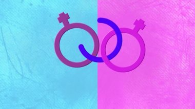 Pembe ve mavinin üzerinde biseksüelleri tanımlayan birbirine bağlı erkek ve iki kadın sembolünün animasyonu. cinsiyet kimliği, cinsel yönelim ve eşitlik kavramı dijital animasyon.