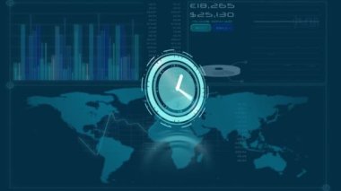 Mavi arkaplandaki veri işleme sistemiyle dijital arayüze karşı dünya haritasında neon saat tik tak çalışıyor. dijital arayüz ve teknoloji kavramı