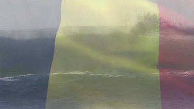 Güneşli sahilde dalgalanan Belçika bayrağının canlandırması ve dalgaların denizde dalgalanması. Vatanseverlik, tatiller ve kutlama konsepti, dijital olarak üretilen video.