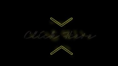 Sarı neon metnin animasyonu, siyah arkaplanda buraya tıklayın. Sosyal medya ve küresel iletişim arayüzü teknolojisi kavramı dijital olarak oluşturulmuş video.