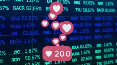 Artan sayılara ve finansal paylaşım veri işleme üzerinde yüzen kalplere sahip aşk ikonu animasyonu. küresel finans iletişimi, sosyal medya ve dijital arayüz kavramı, dijital olarak oluşturuldu