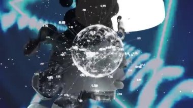 Kadının yüzünde bağlantı ağı olan bir dünya animasyonu. küresel dijital arayüz, teknoloji ve ağ konsepti dijital olarak oluşturulmuş video.