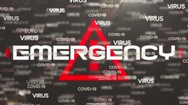 Kırmızı tehlike üçgenli acil mesajın animasyonu, gri üzerine virüslü metin. Koronavirüs covid 19 salgını sırasında küresel sağlık hizmeti acil durumu, dijital olarak üretilen video.