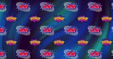 Kırmızı ve turuncu renkli metin pow ve wow animasyonu, tekrarlanıyor ve mavi ve yeşil arkaplan üzerinde hareket ediyor. Antika video oyunu arayüzü iletişim konsepti, dijital olarak oluşturulmuş video.