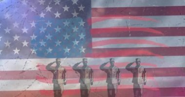 Amerikan bayrağında selamlaşan askerlerin canlandırması. Vatanseverlik, bağımsızlık ve silahlı kuvvetler konsepti dijital olarak oluşturulmuş video.