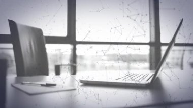 Arka plandaki dizüstü bilgisayarın üzerindeki bağlantı ağlarının animasyonu. küresel dijital arayüz, teknoloji ve ağ konsepti dijital olarak oluşturulmuş video.