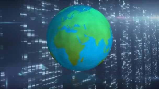 Mavi Arka Planda Parlayan Bilgisayar Sunucuları Üzerinde Dönen Dünyanın Animasyonu — Stok video