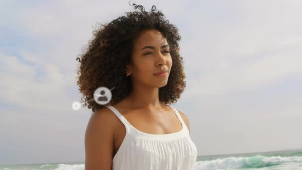 ビーチで女性の上の人々のアイコンとの接続のアニメーション 世界的なつながり技術やソーシャルメディアの概念がデジタルで生成されたビデオ — ストック動画