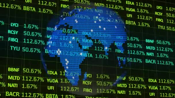 Animación Globo Digital Giratorio Con Acciones Financieras Procesamiento Datos Interfaz — Vídeos de Stock