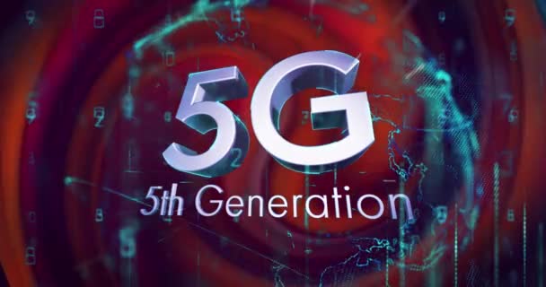 银文动画第五代5G 具有发光的地球仪和红色背景的数据处理 通信技术数字接口概念 数字生成视频 — 图库视频影像