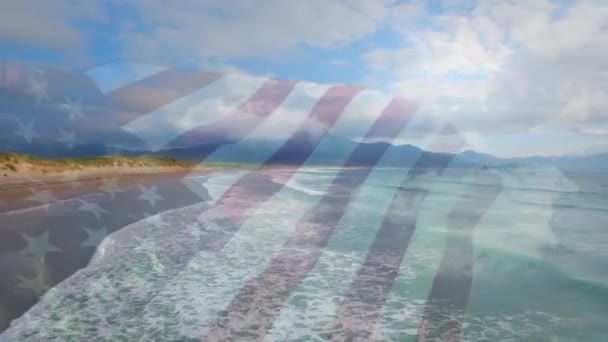 Animation Drapeau Américain Agitant Sur Bord Mer Ensoleillé Patriotisme Concept — Video