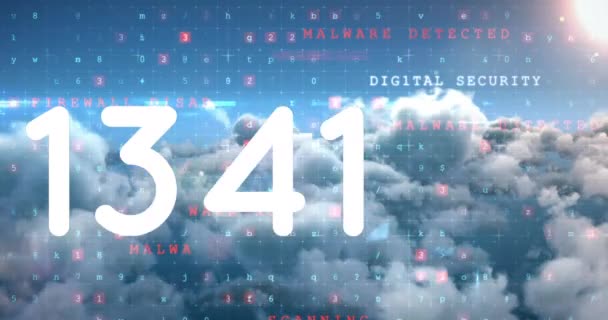 Animación Números Cambiantes Procesamiento Datos Digitales Través Nubes Conexiones Globales — Vídeo de stock
