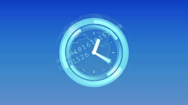 時計のアニメーションは青の背景に数字で世界中を高速で移動します 世界的なデジタルインターフェース技術とネットワーキングの概念デジタル生成されたビデオ — ストック動画