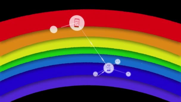 Animacja Sieci Połączeń Ikonami Nad Tęczą Czarnym Tle Globalny Interfejs — Wideo stockowe