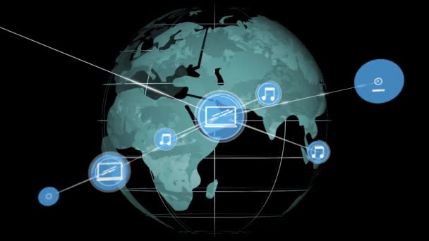 Animação Rede Conexões Com Ícones Sobre Globo Interface Digital Global — Vídeo de Stock