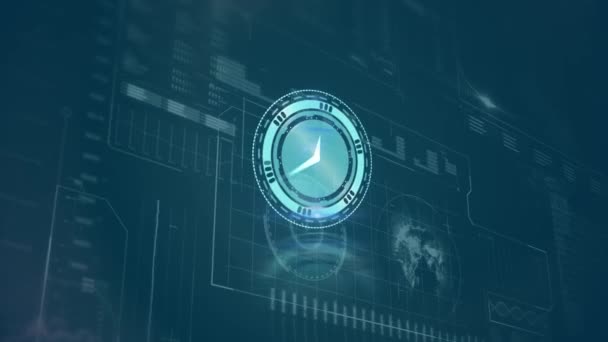 Reloj Azul Neón Marcando Contra Interfaz Digital Con Procesamiento Datos — Vídeos de Stock