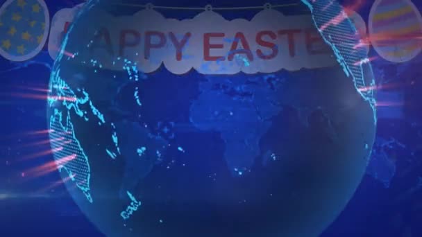 Animatie Van Wereldbol Wereldkaart Gelukkige Pasen Banner Wereldwijde Paasvieringen Digitale — Stockvideo