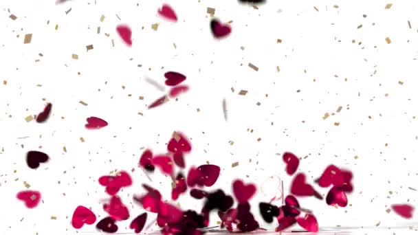红心动画和五彩纸屑落在白色背景上 情人节 爱情和浪漫的概念数码生成的视频 — 图库视频影像