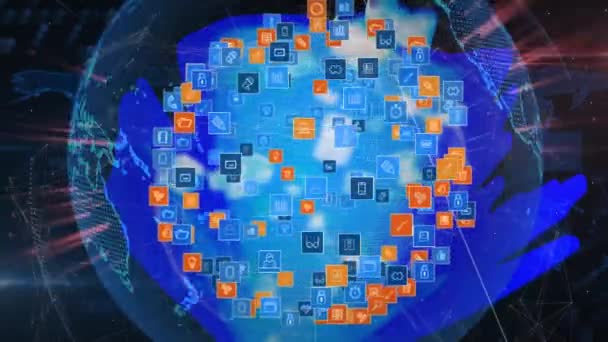 Анимация Земного Шара Иконками Сетью Соединений Глобальный Цифровой Интерфейс Технологии — стоковое видео