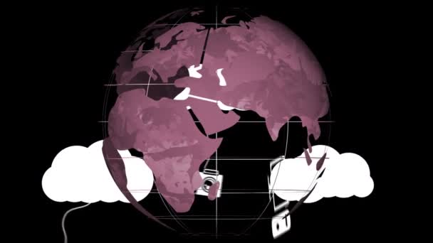 Animation Clouds Icons Globe Black Background Global Digital Interface Technology — Stock Video