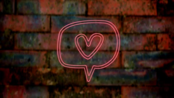 Animazione Cuore Neon Rosa Bolla Discorso Muro Mattoni Social Media — Video Stock