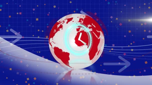 Animación Del Reloj Moviéndose Rápido Con Flechas Sobre Globo Girando — Vídeo de stock