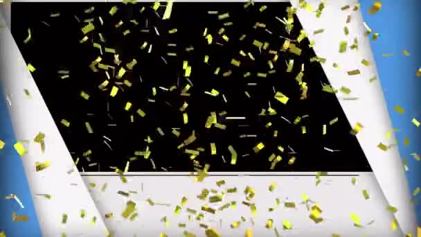 Анимация Раскрытия Сине Белых Панелей Падения Золотых Конфетти Чёрном Фоне — стоковое видео