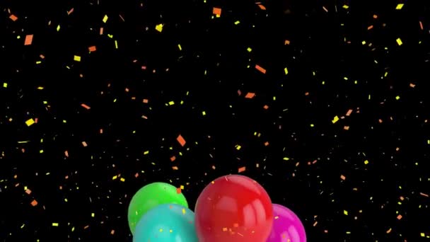 Animation Von Bunten Luftballons Und Konfetti Die Auf Schwarzem Hintergrund — Stockvideo