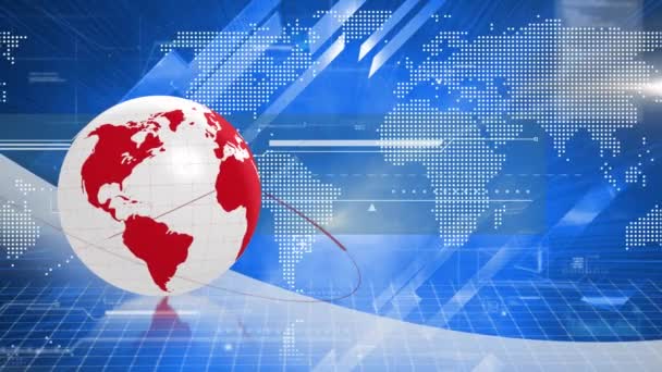 Animation Rotating Red White Globe Data Processing World Map Blue — Stock Video