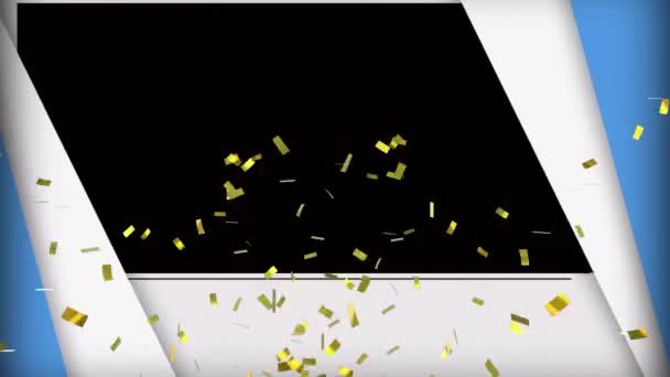 Animation Panneaux Bleus Blancs Ouvrant Confettis Tombant Sur Fond Noir — Video