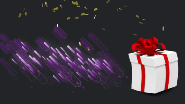 Animation Confetti Falling Present Opening Black Background Celebration Party Concept — Stock videók